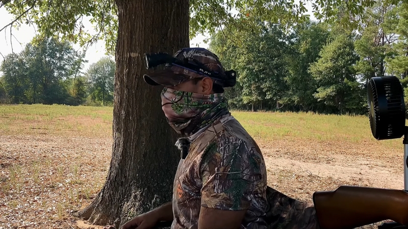 A Hunter Wearing a Camouflaged Outfit and Headlamp, Sitting Under a Tree in A Field, Demonstrating the Use of Headlamps for Hunting