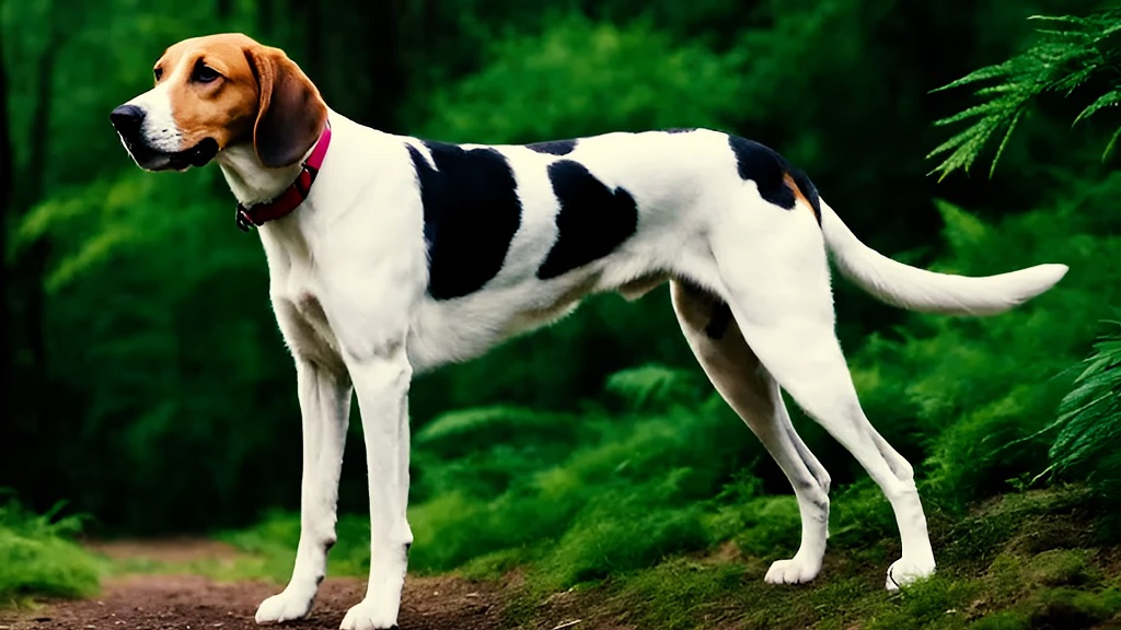 An American Foxhound in the forest during a walk