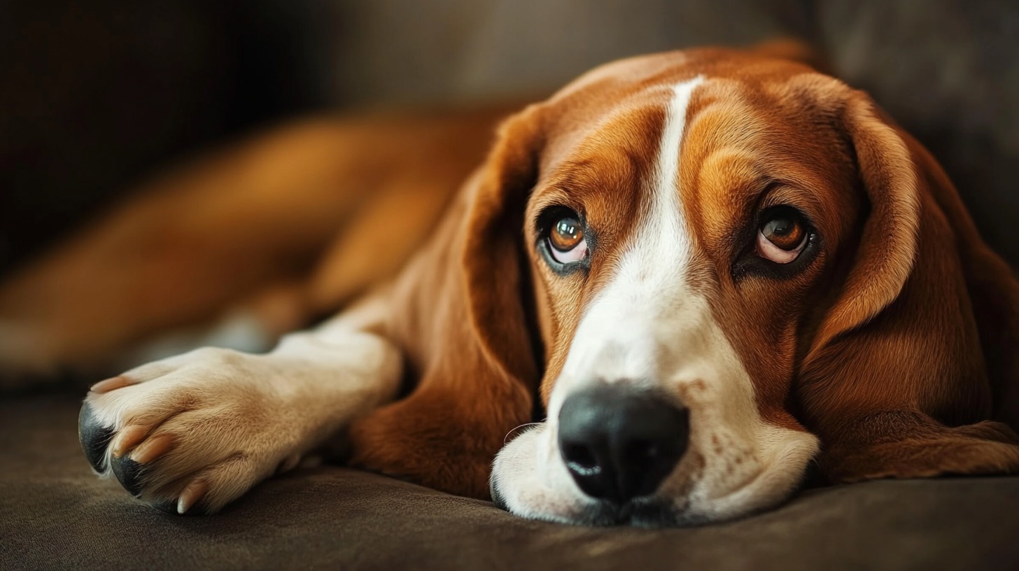 Close-up of a Basset Hound lying down with a sad yet gentle expression, gazing into the distance