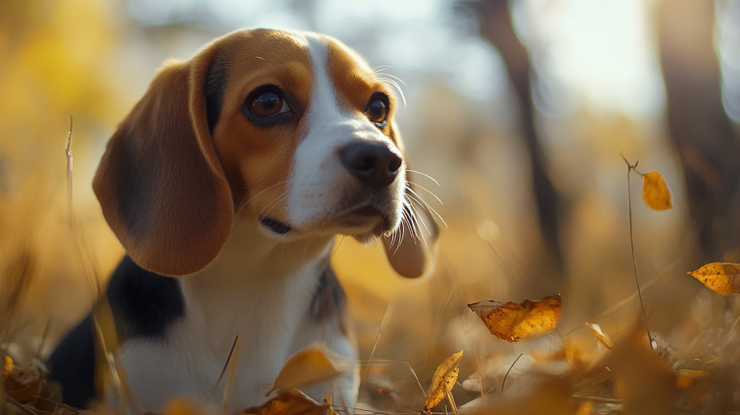 A Beagle dog attentively gazing into the distance, surrounded by golden autumn leaves in a forest setting