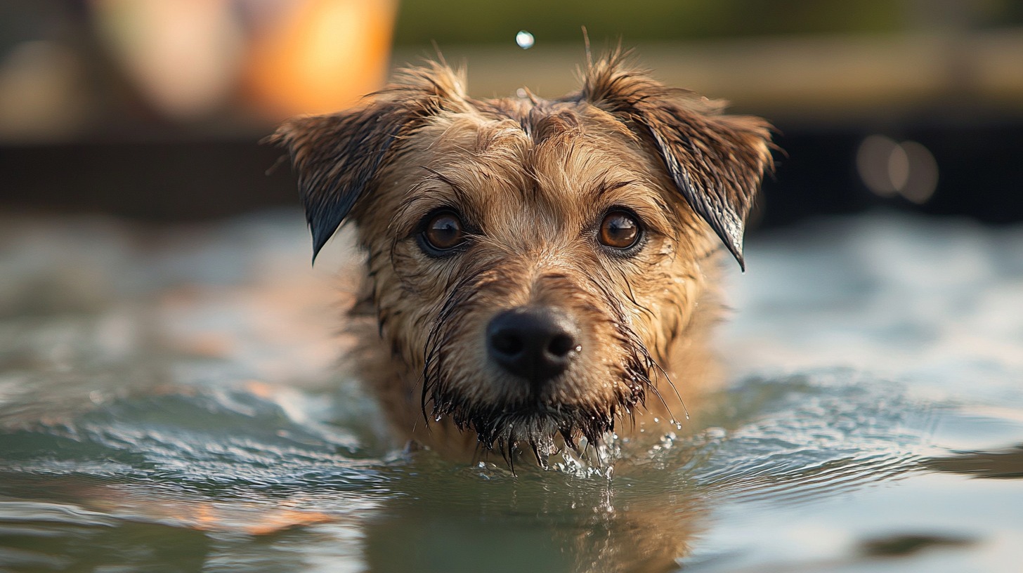 Close-up of a wet Border Terrier swimming in the water, looking directly at the camera with curious eyes