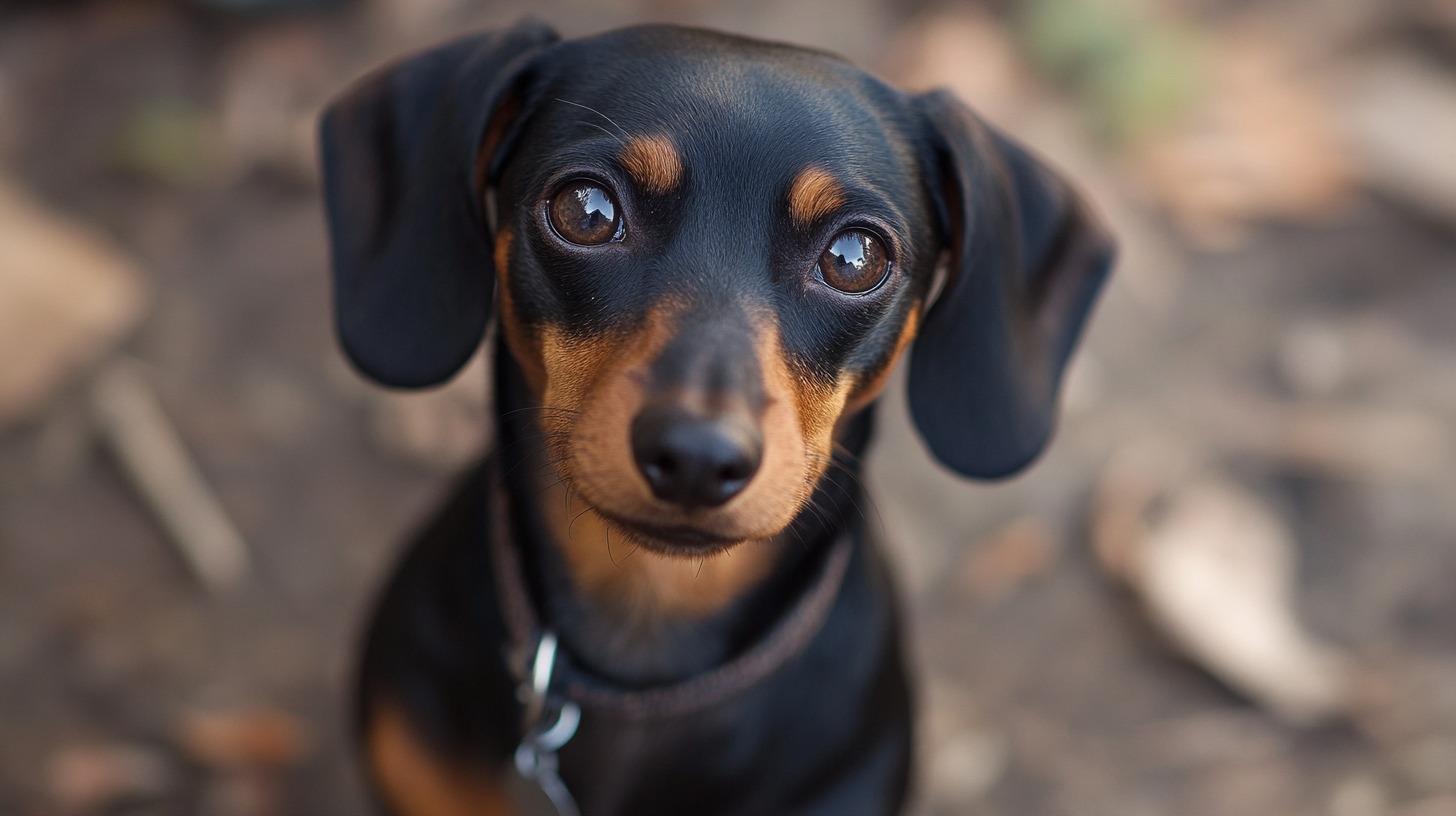 Close-up of a black and tan Dachshund with big, expressive eyes, looking directly at the camera