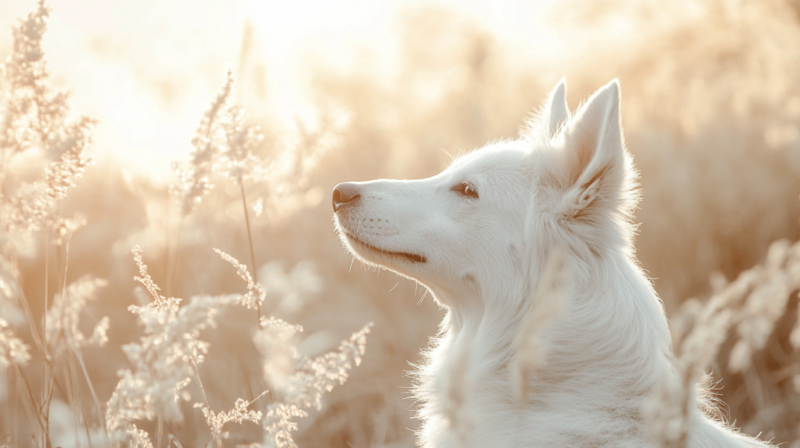 A White Dog in A Sunlit Field