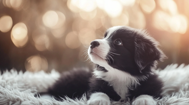 A Black and White Puppy Lying on A Soft Surface