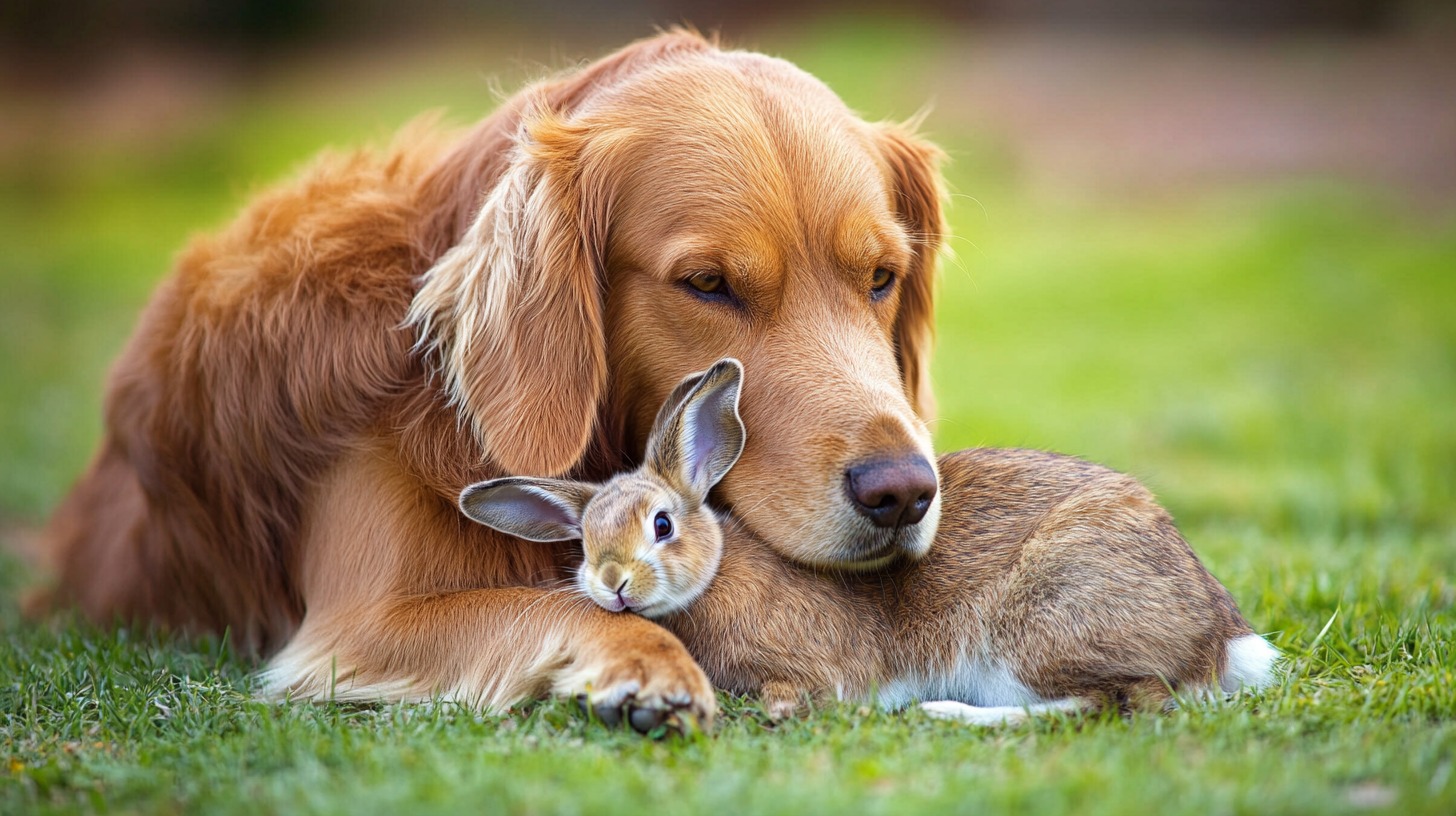 A golden retriever cuddling a small rabbit on a grassy field, displaying a gentle and affectionate bond