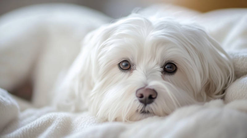 A Fluffy White Dog Resting on A Cozy Blanket, Perfect for Luxury-Inspired White Dog Names