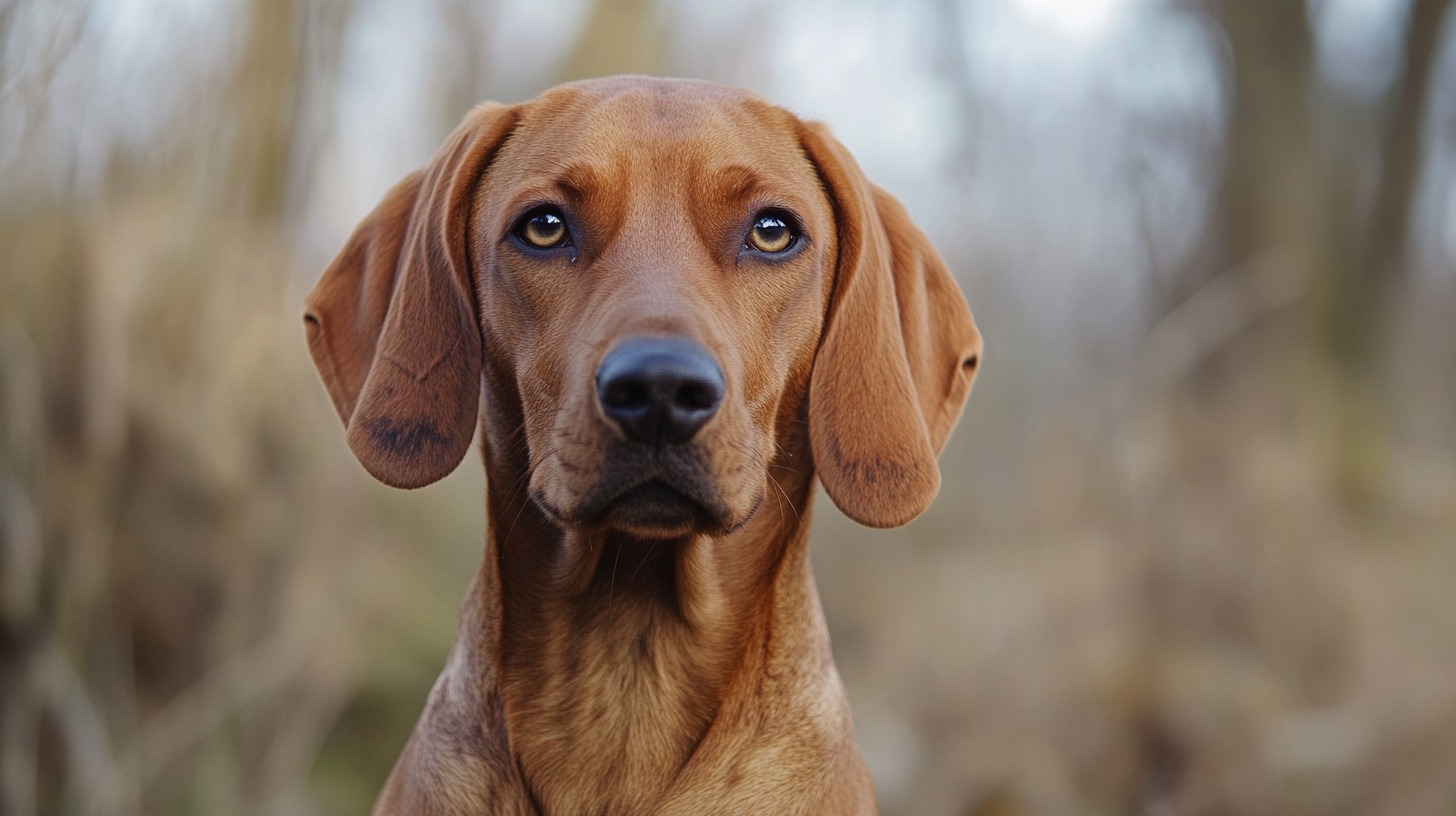 Close-up of a Redbone Coonhound with a sleek reddish-brown coat and floppy ears, gazing intently in a natural outdoor setting