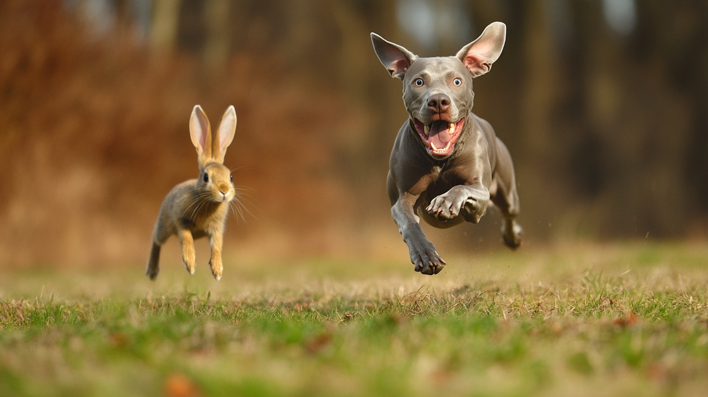 A Weimaraner dog mid-air chasing a rabbit, both leaping across a grassy field with a blurred forest background