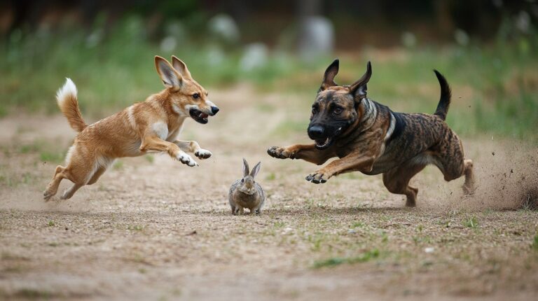 Two dogs mid-air chasing a rabbit on a dirt path, with focused expressions and motion blur adding intensity to the scene