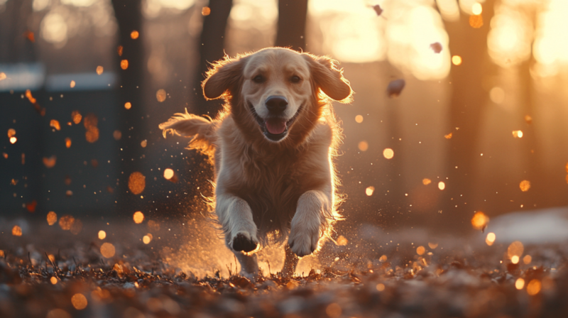 A Golden Retriever Running Through Fallen Leaves in The Forest