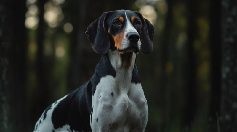 A Treeing Walker Coonhound Standing in A Forest