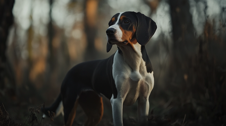 A Treeing Walker Coonhound Standing in The Forest with A Focused Expression, Showcasing Its Black, White, and Tan Coat